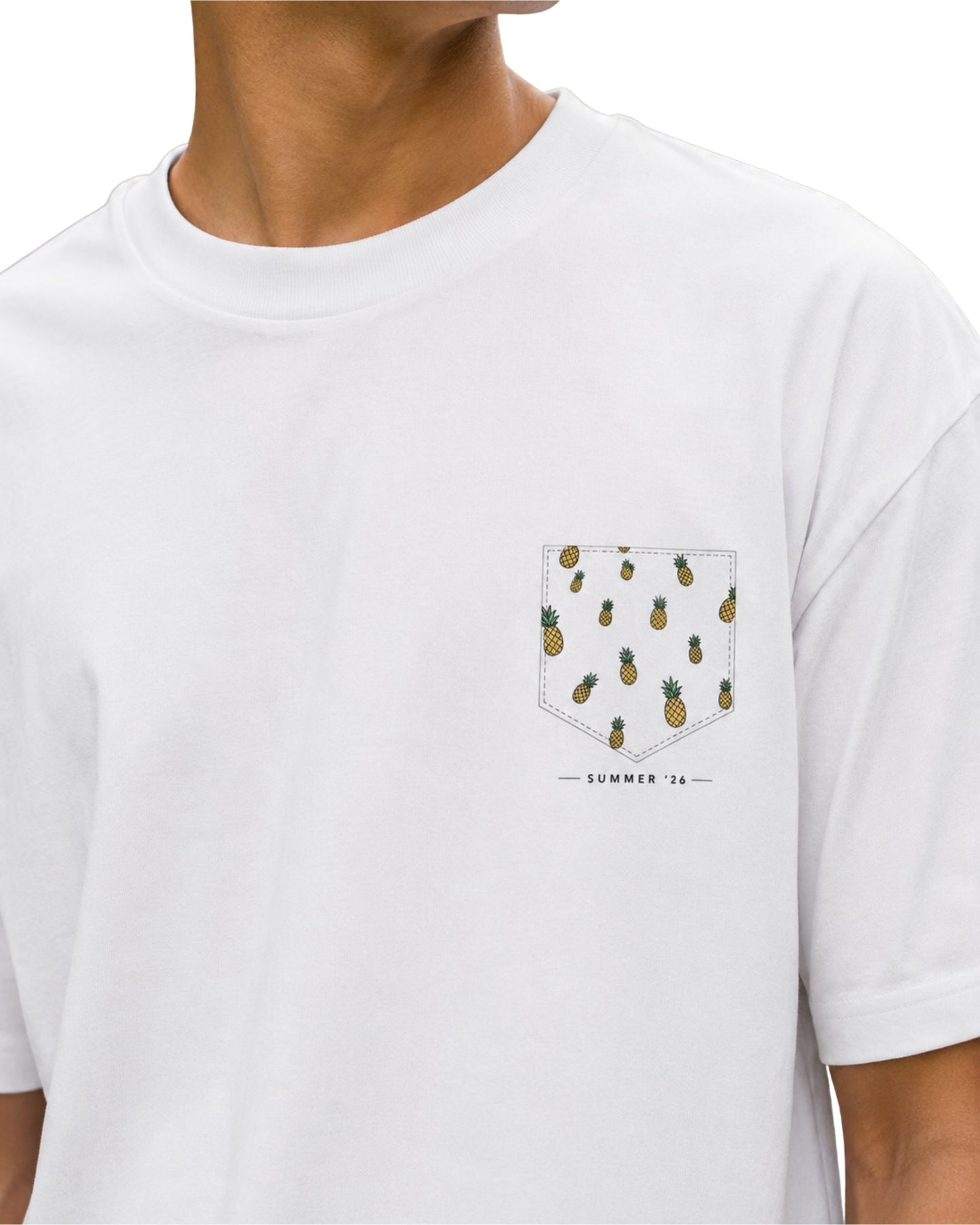 Front: Unisex basic T-shirt with small Summer ’26 graphic print on the front left chest white