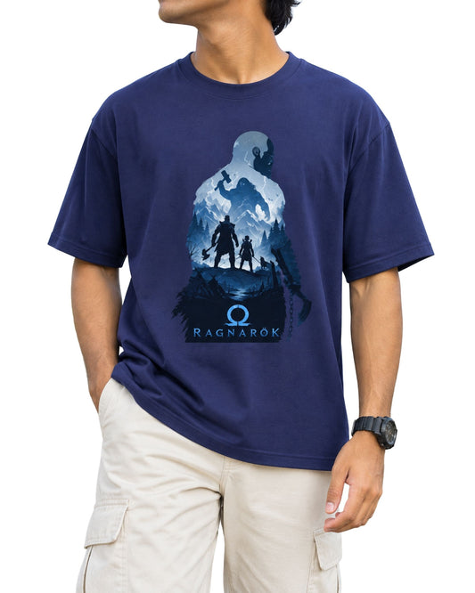 Graphic T-shirt design with a dramatic Norse-inspired warrior silhouette, icy mountain landscape, mythic battle figures, Omega symbol, and “RAGNARÖK” text at the bottom royal blue