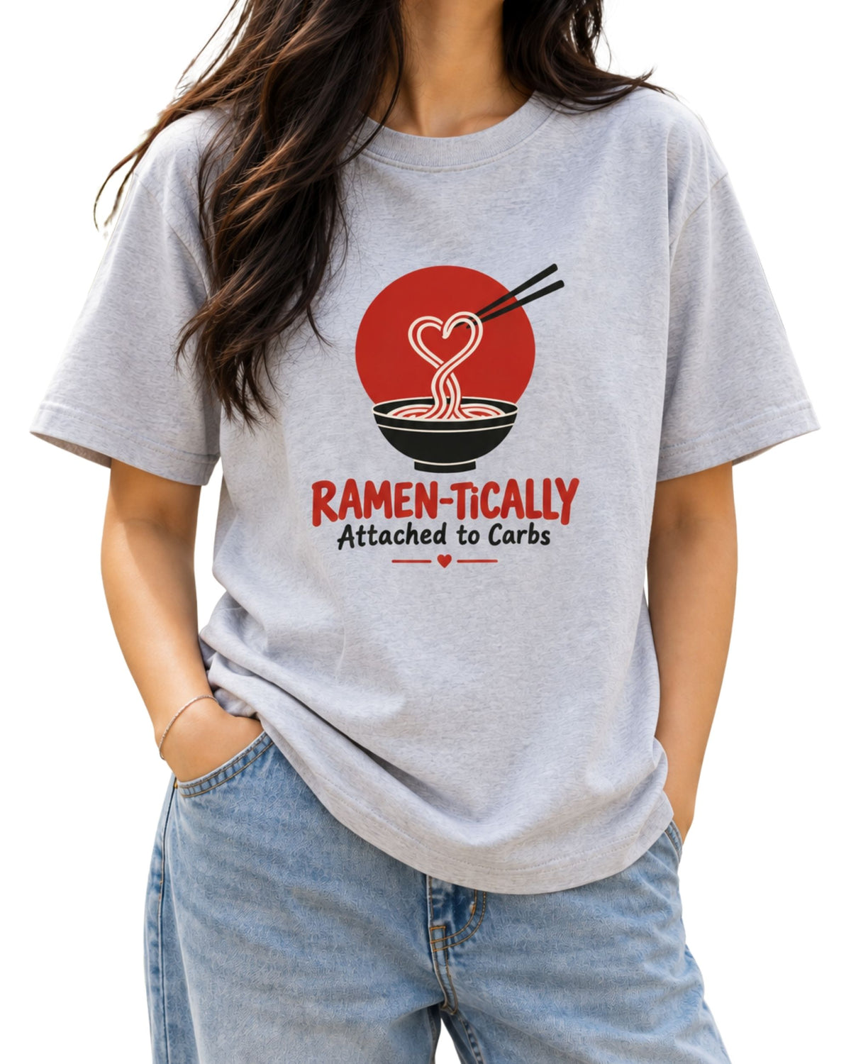 Ramen-tically Attached to Carbs funny ramen graphic t-shirt with noodle bowl and heart design grey melange
