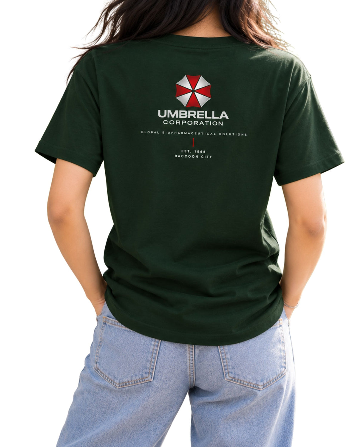 Umbrella Corporation Resident Evil fan art graphic T-shirt back design bottle green