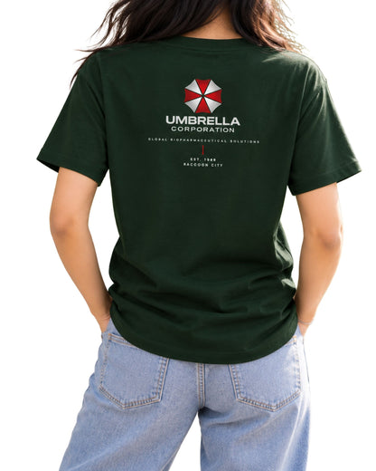 Umbrella Corporation Resident Evil fan art graphic T-shirt back design bottle green