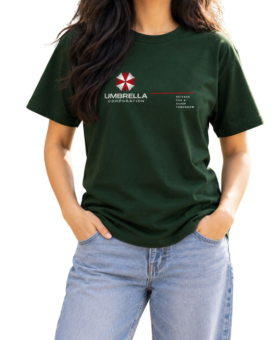 Umbrella Corporation Resident Evil fan art graphic T-shirt, front design Bottle Green