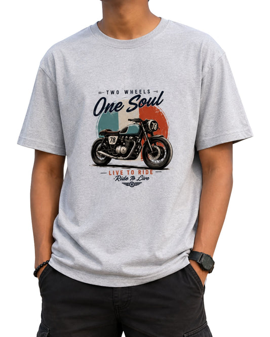 Two Wheels One Soul vintage motorcycle graphic T-shirt with retro café racer bike artwork in teal grey melange