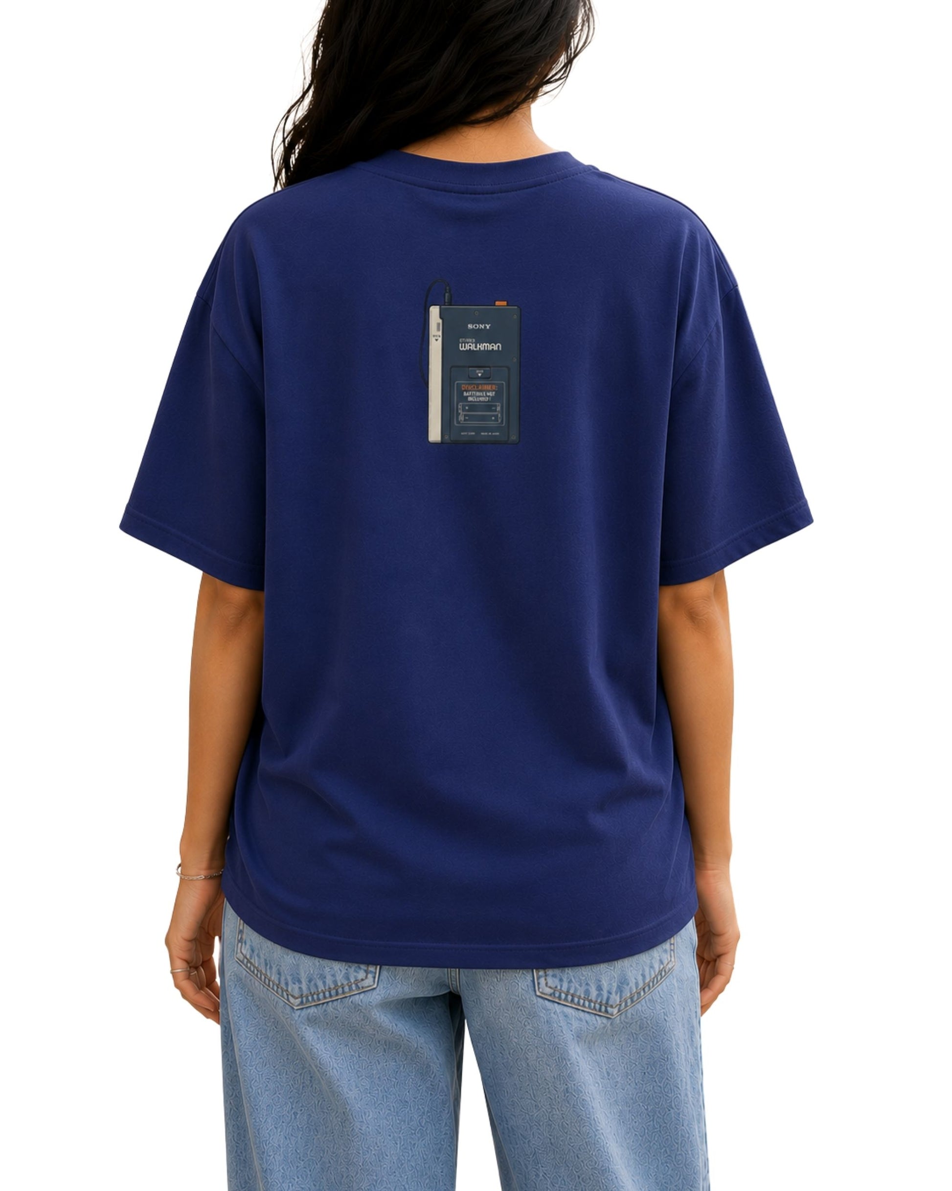 Unisex oversized T-shirt with retro portable cassette player artwork, vintage music player graphic on the back royal blue