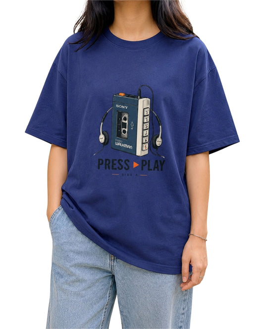 Unisex oversized T-shirt with retro portable cassette player artwork, Press Play music graphic on the front and vintage music player graphic on the back royal blue