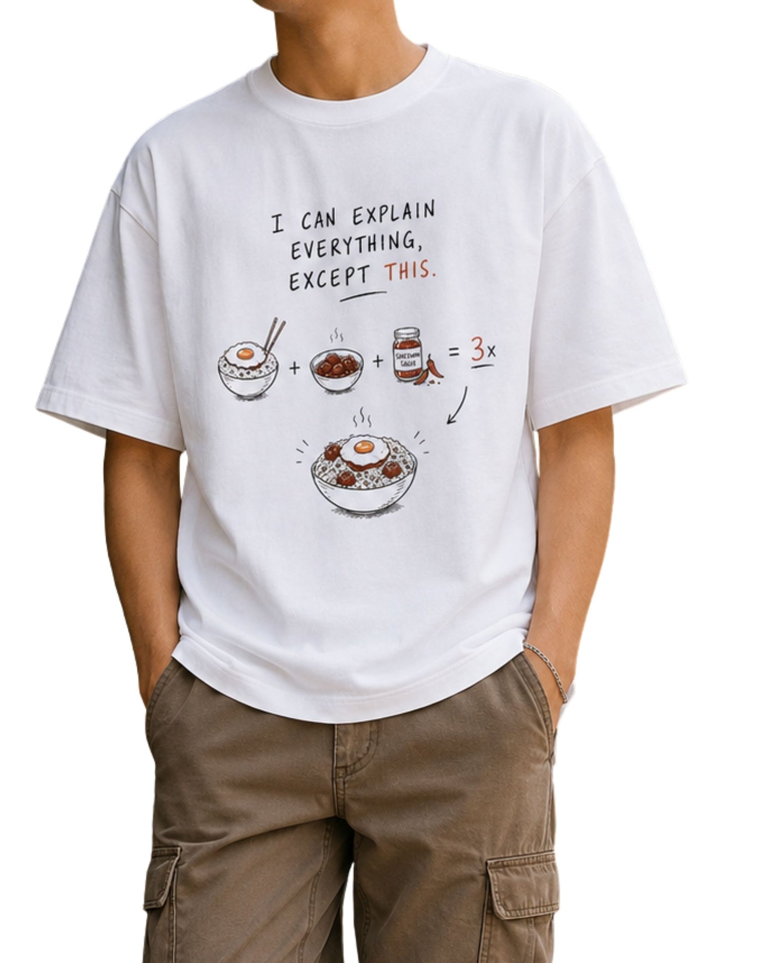 Triple Schezwan Rice funny food graphic unisex oversized t-shirt with rice, Manchurian and Schezwan sauce equation design White