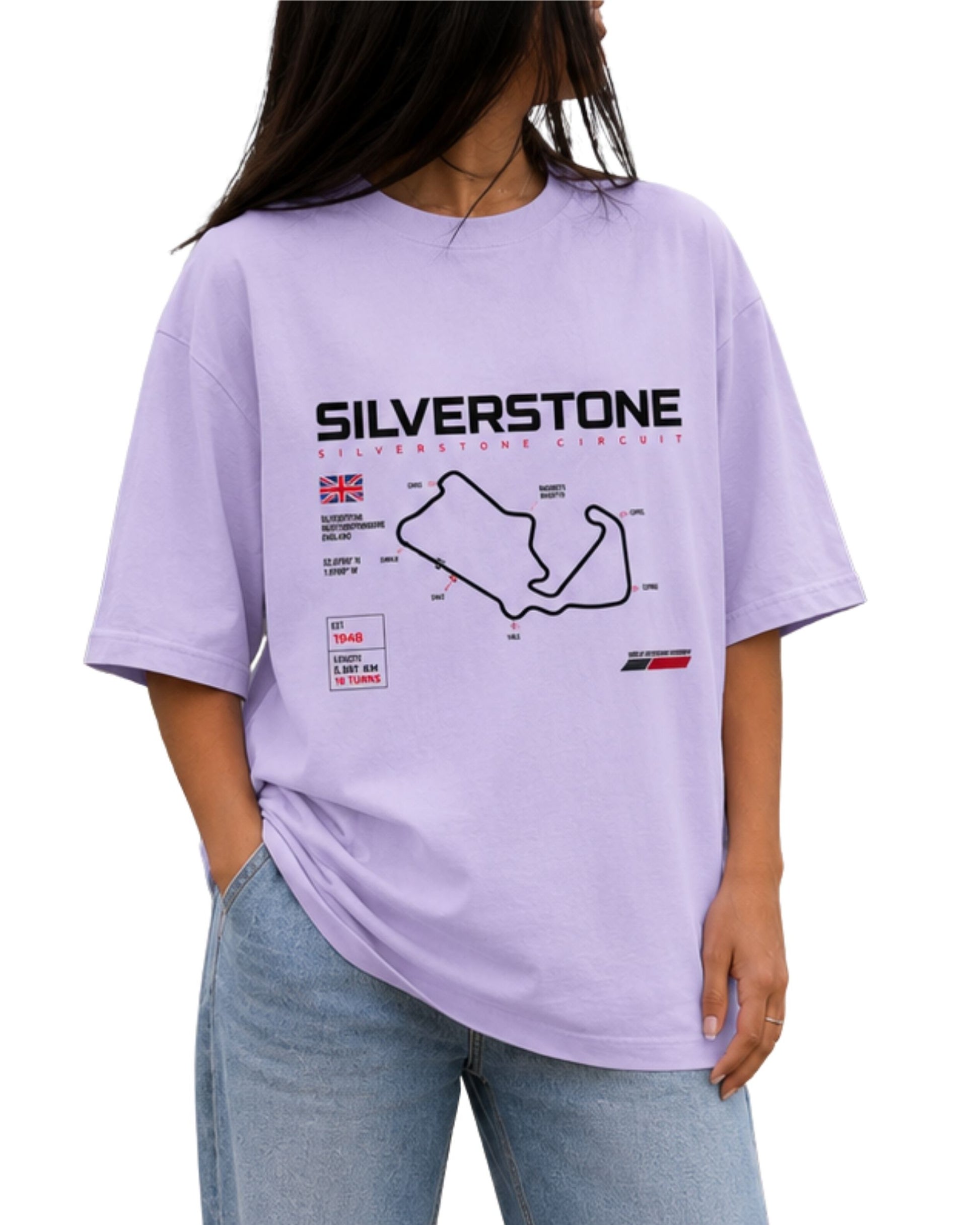 Silverstone Circuit motorsport graphic T-shirt design with detailed racing track map, iconic corner names, British flag and racing accents Lavender