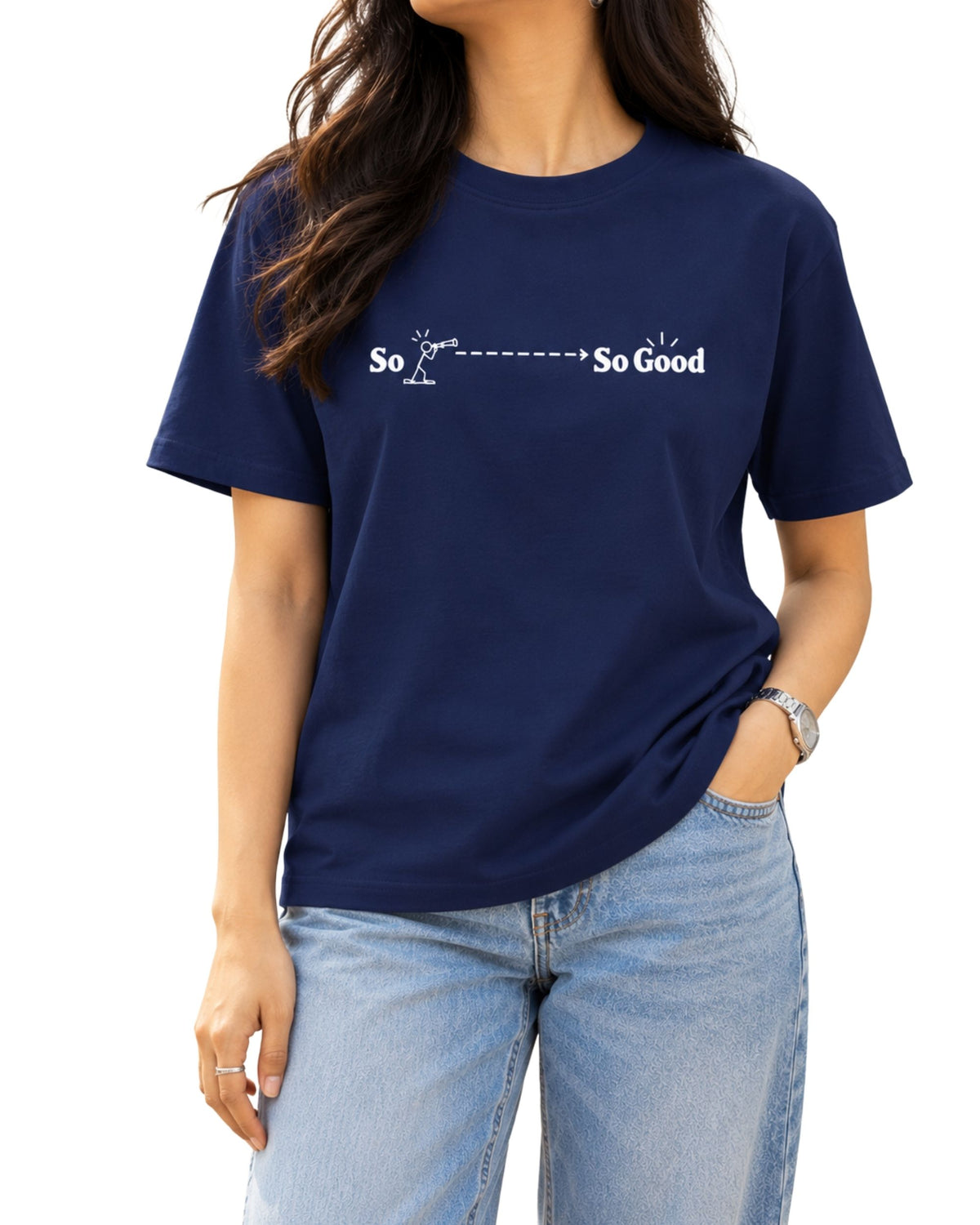 So Good funny graphic T-shirt with telescope line art design | Coreteez royal blue