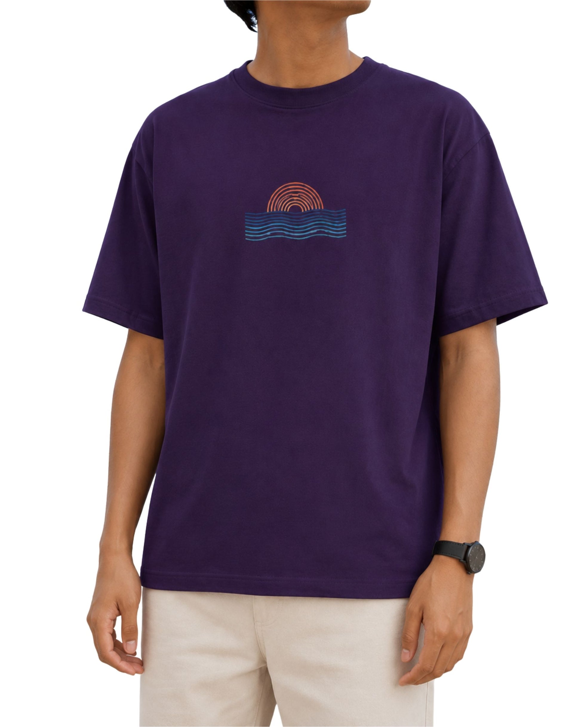 Retro sunset and ocean waves graphic T-shirt with sun arches and wave lines in a minimalist coastal design purple