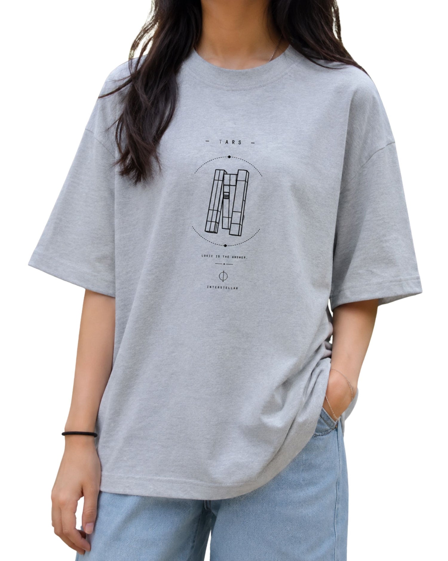 TARS Intersteller sci-fi graphic unisex oversized T-shirt with minimalist space-inspired artwork by Coreteez grey melange