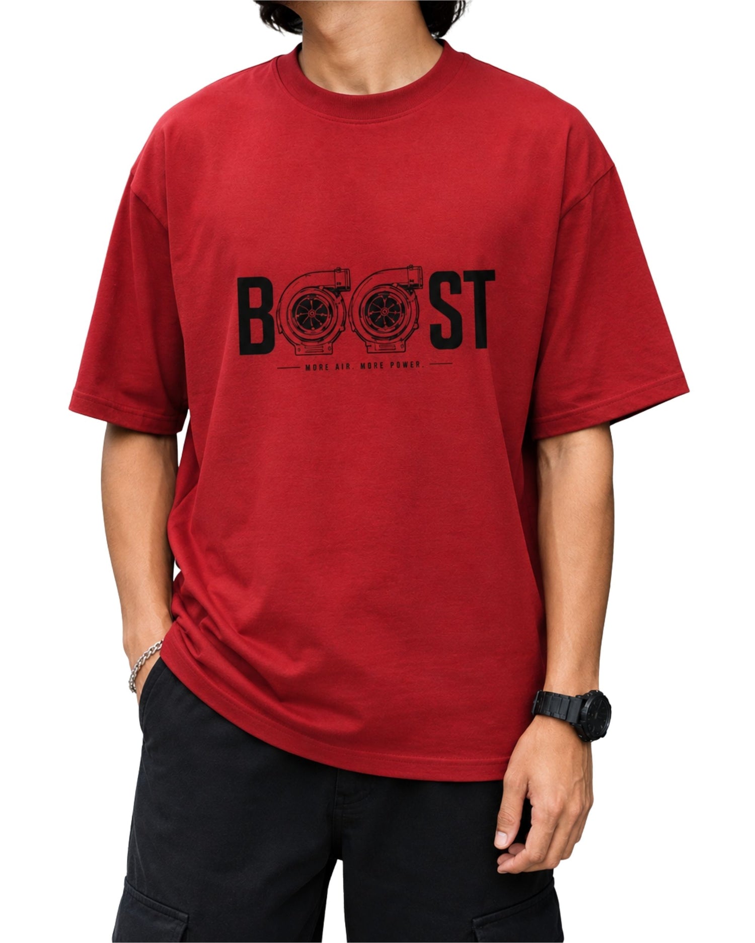Boost twin turbo car graphic T-shirt with detailed turbocharger illustration and More Air More Power typography Red