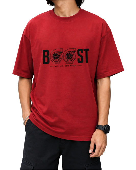 Boost twin turbo car graphic T-shirt with detailed turbocharger illustration and More Air More Power typography Red