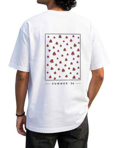 Back: Unisex basic T-shirt with large Summer ’26 graphic artwork printed across the back white