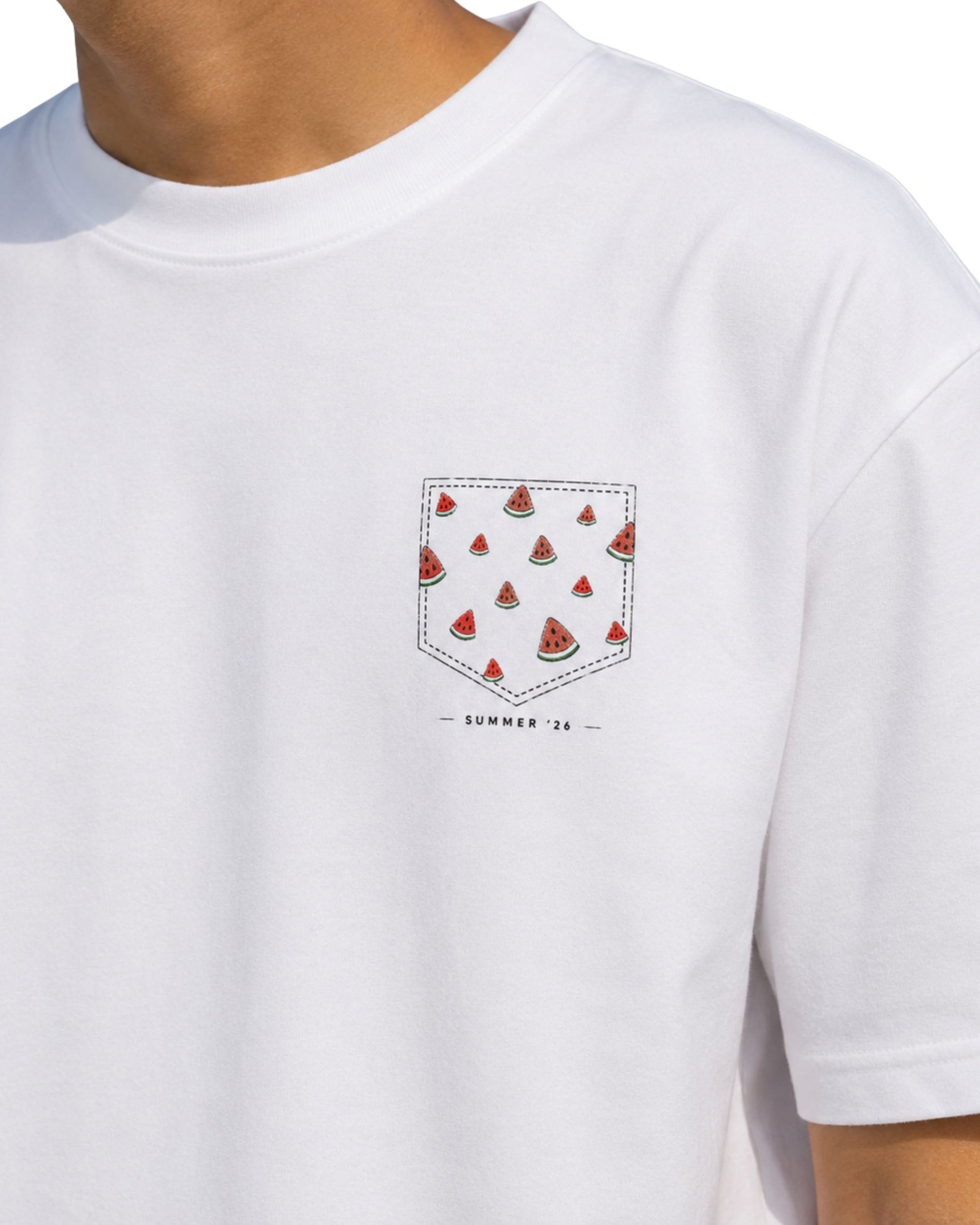 Front: Unisex basic T-shirt with small Summer ’26 graphic print positioned on the front left chest white