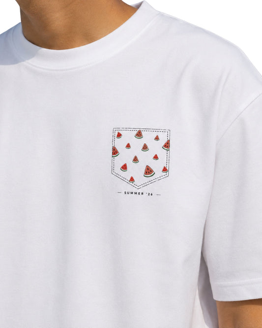 Front: Unisex basic T-shirt with small Summer ’26 graphic print positioned on the front left chest white