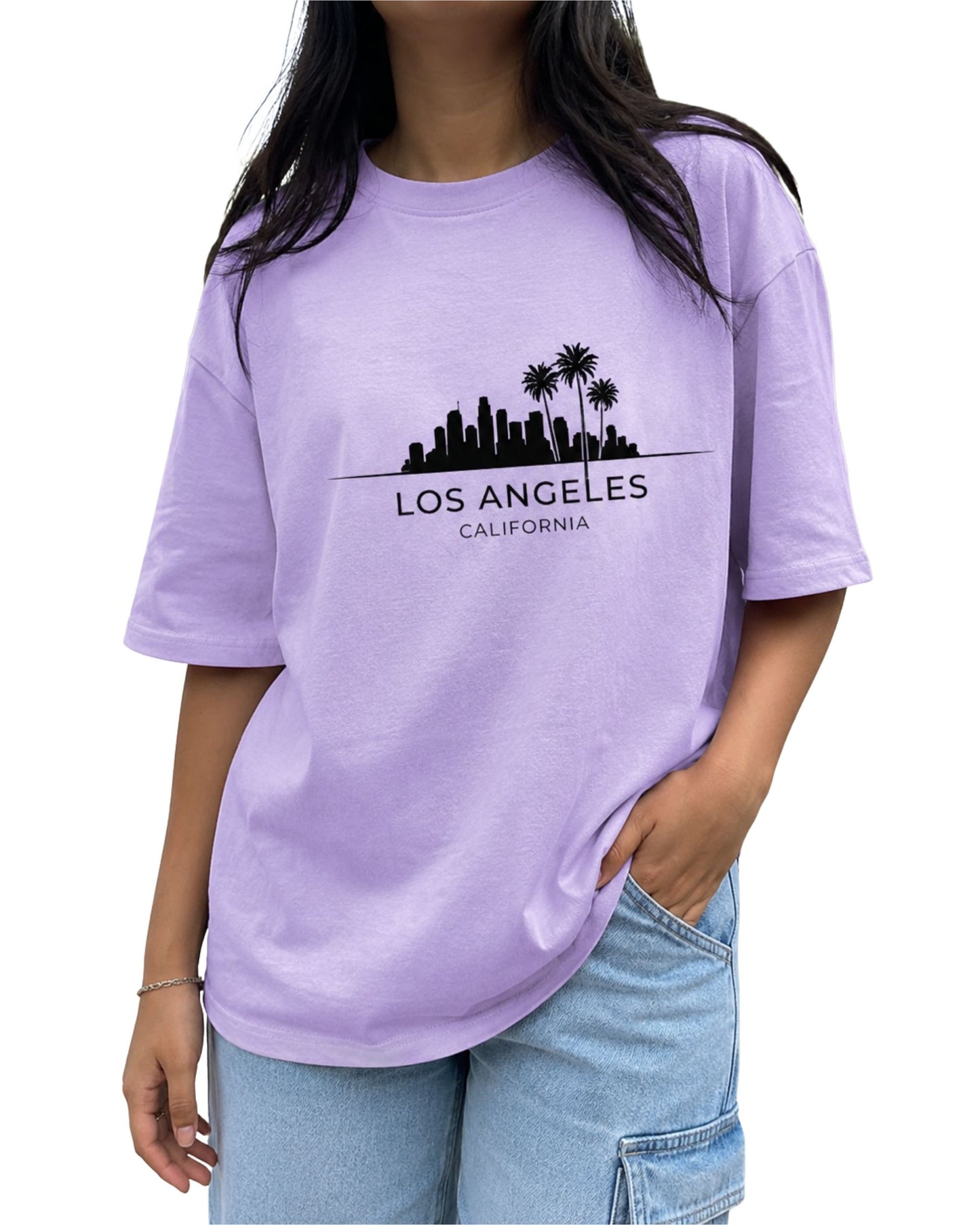 Oversized T-shirt with a minimalist Los Angeles skyline, palm tree graphic, and “Los Angeles California” typography Lavender