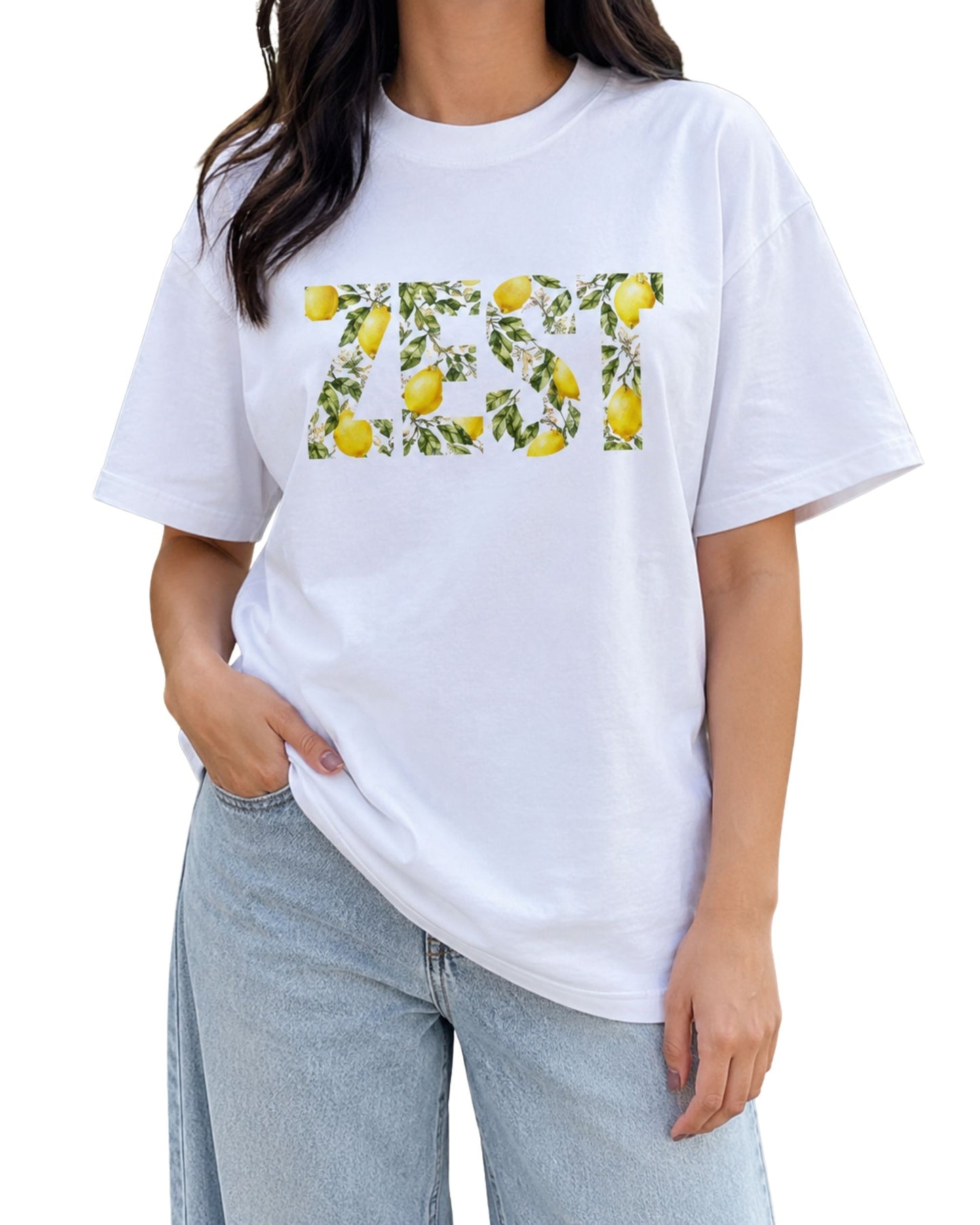Zest lemon floral graphic unisex oversized T-shirt with bold typography and citrus artwork by Coreteez white