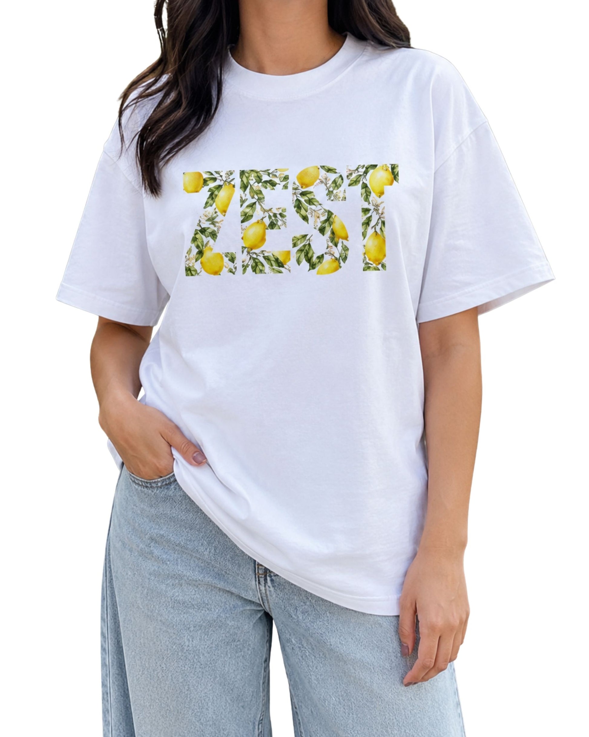Zest lemon floral graphic unisex oversized T-shirt with bold typography and citrus artwork by Coreteez white
