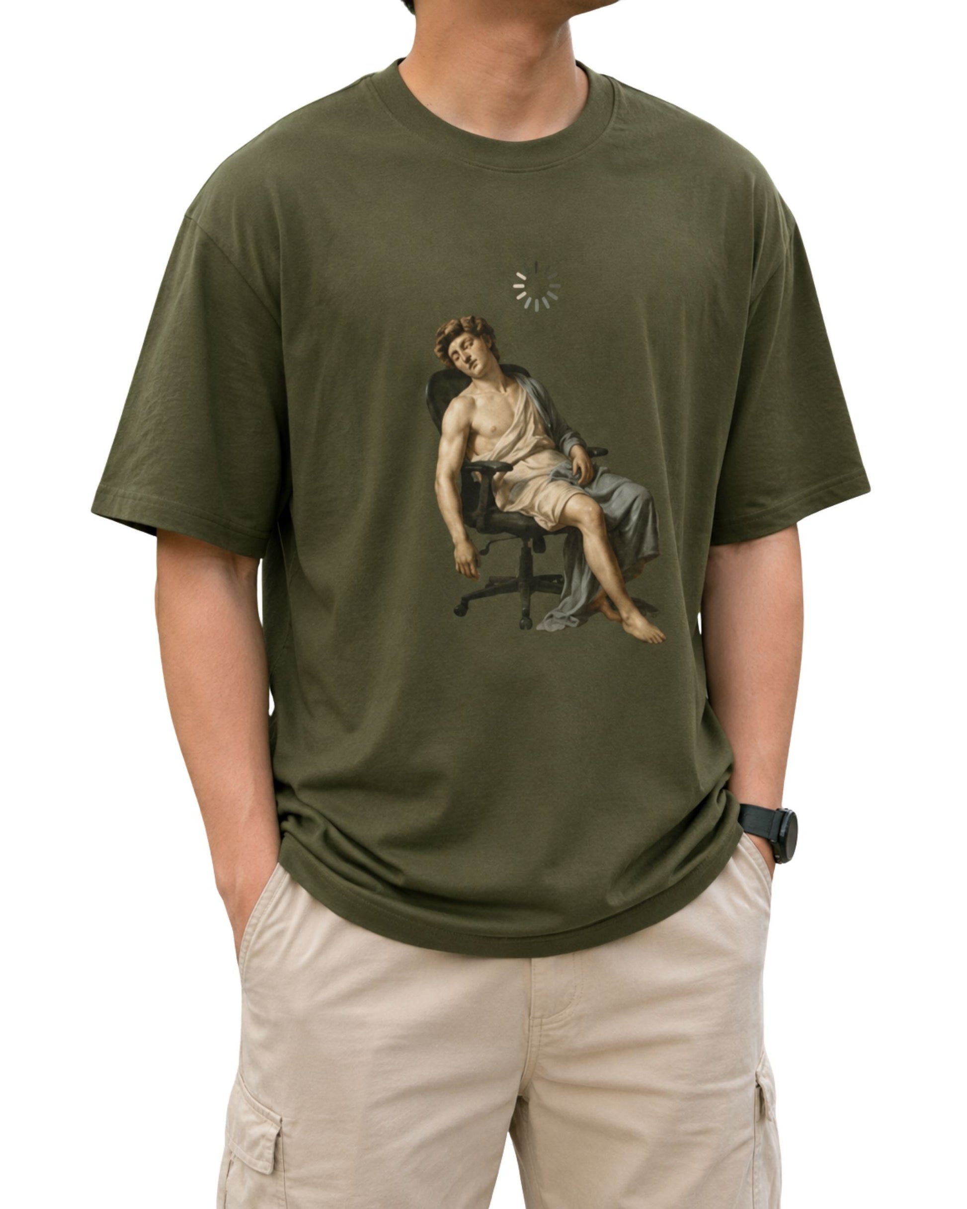 Renaissance-inspired sleeping figure slouched in an office chair beneath a loading icon, creating a funny mentally loading graphic T-shirt design olive green