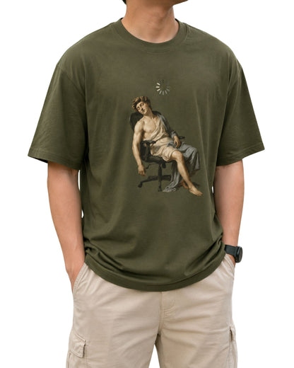 Renaissance-inspired sleeping figure slouched in an office chair beneath a loading icon, creating a funny mentally loading graphic T-shirt design olive green