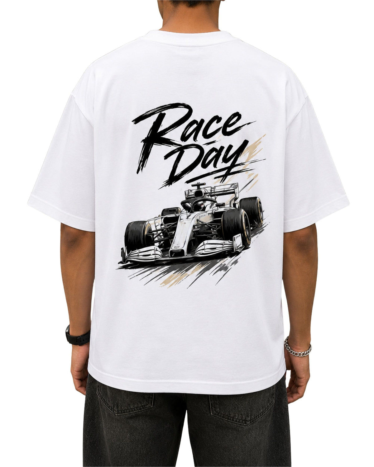 White oversized T-shirt featuring a sketch-style open-wheel racing car graphic with bold “Race Day” brush lettering on the back.