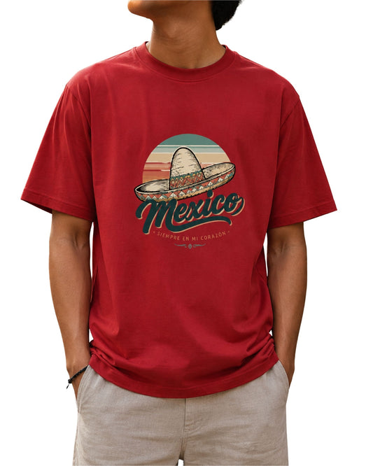 Red unisex crew neck T-shirt with a vintage Mexico sombrero graphic, retro sunset design, and bold Mexico typography.