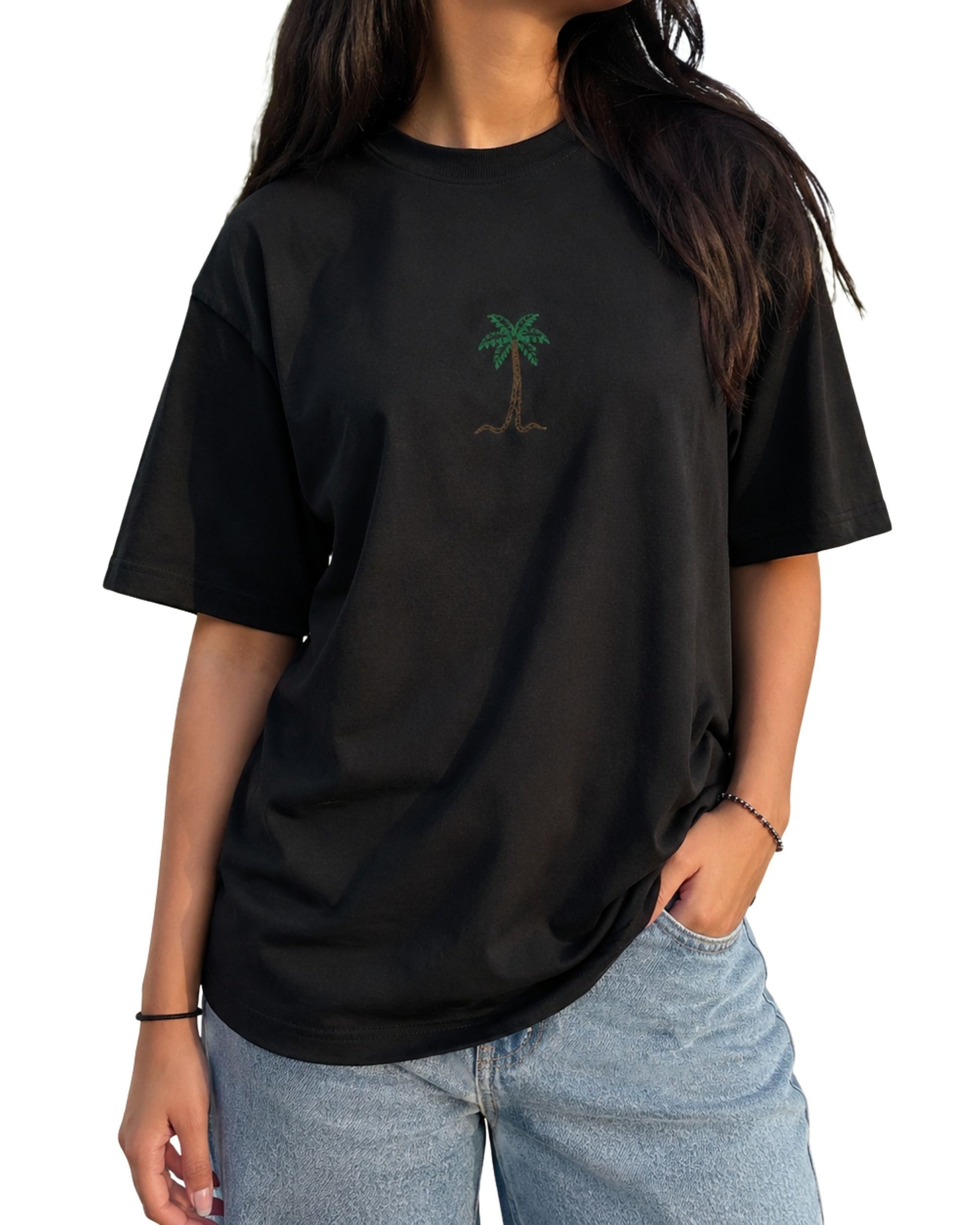 Minimal palm tree graphic T-shirt design with leaves and trunk in a clean tropical line art style black