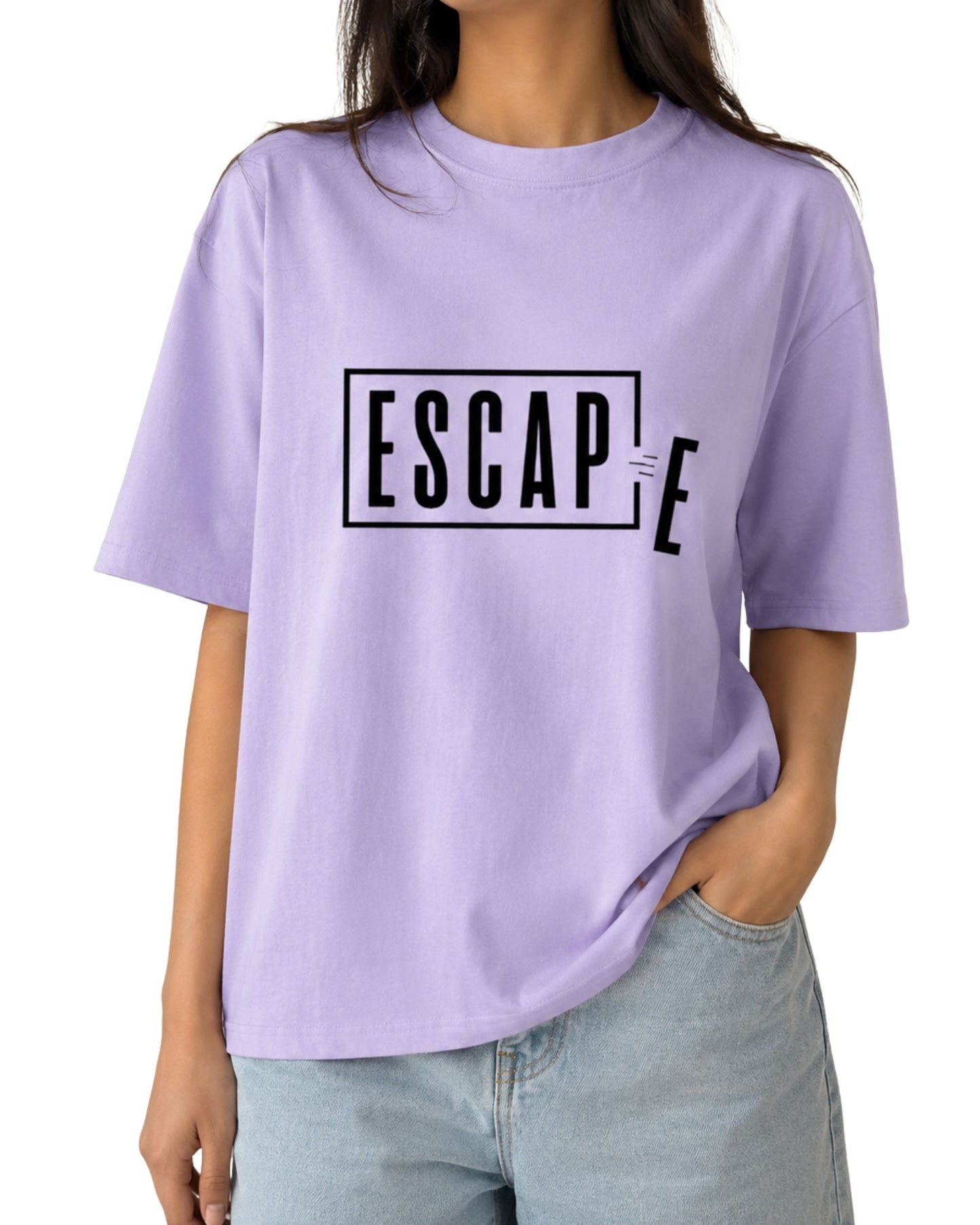 Escape typography graphic design with the letter E breaking outside a rectangular frame on a unisex oversized T-shirt by Coreteez lavender