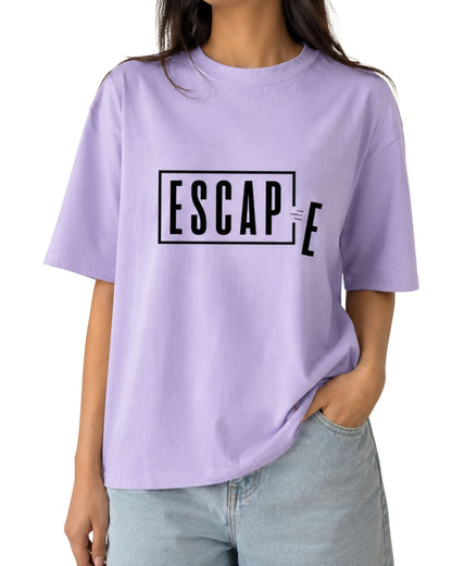 Escape typography graphic design with the letter E breaking outside a rectangular frame on a unisex oversized T-shirt by Coreteez lavender