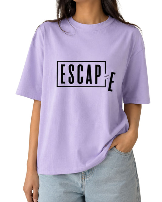 Escape typography graphic design with the letter E breaking outside a rectangular frame on a unisex oversized T-shirt by Coreteez lavender