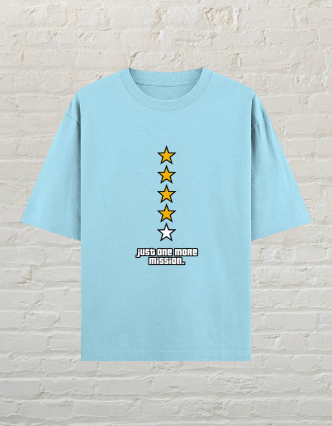 CoreTeez baby blue oversized cotton gaming t-shirt with a five-star rating graphic and Just One More Mission text