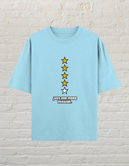 CoreTeez baby blue oversized cotton gaming t-shirt with a five-star rating graphic and Just One More Mission text