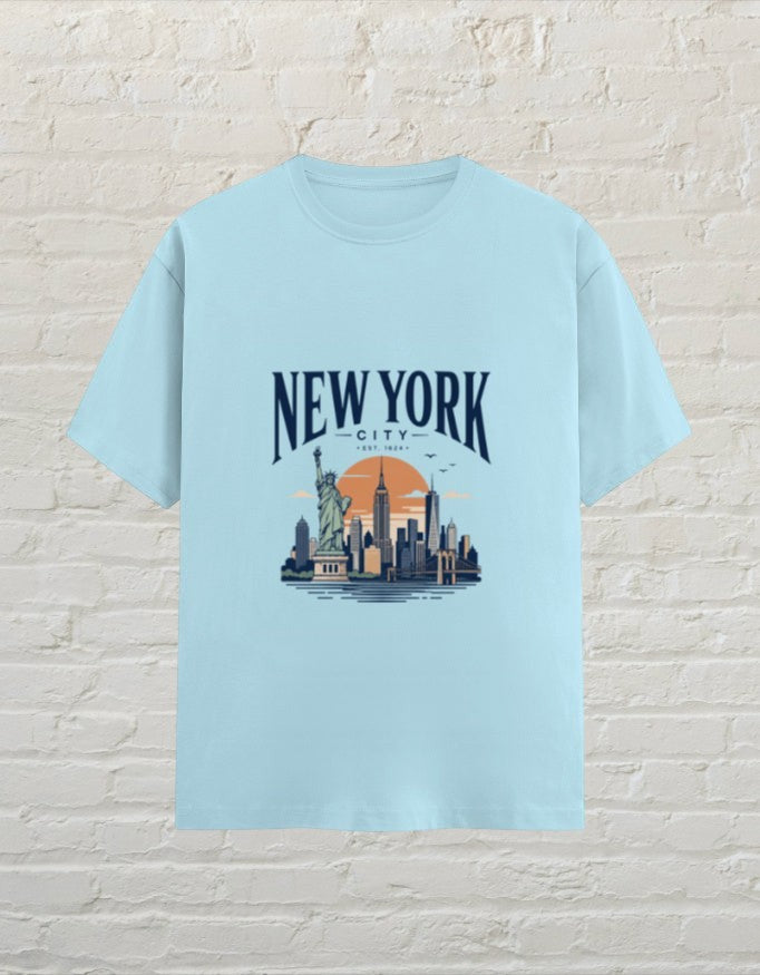 CoreTeez baby blue unisex cotton crew neck t-shirt featuring a New York City skyline graphic print