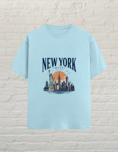 CoreTeez baby blue unisex cotton crew neck t-shirt featuring a New York City skyline graphic print