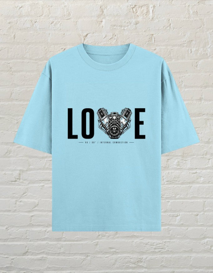 CoreTeez baby blue oversized cotton t-shirt featuring a V8 engine graphic with the word LOVE on a background