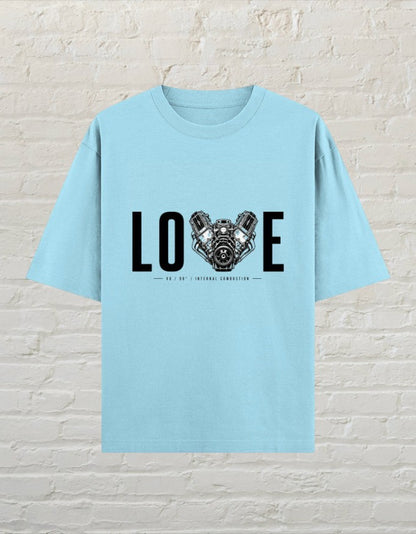 CoreTeez baby blue oversized cotton t-shirt featuring a V8 engine graphic with the word LOVE on a background