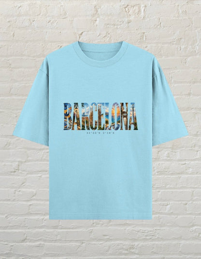 CoreTeez baby blue oversized 100% cotton unisex t-shirt featuring a Barcelona city graphic print on the chest