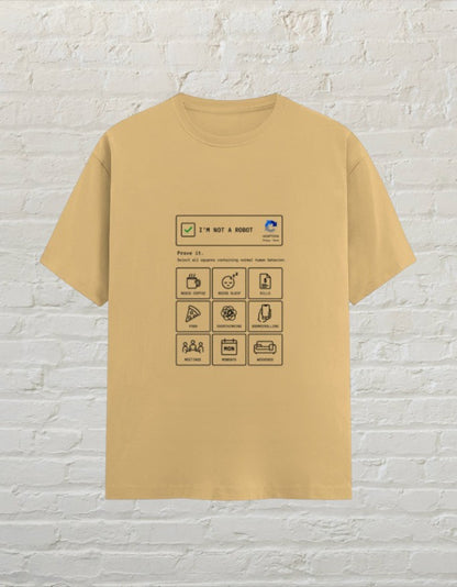 CoreTeez unisex beige cotton t-shirt featuring a funny I'm Not A Robot graphic print on the front.