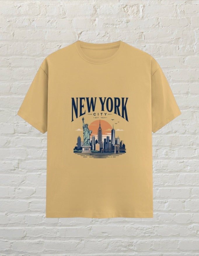CoreTeez unisex crew neck t-shirt in beige cotton featuring a graphic print of the New York City skyline.
