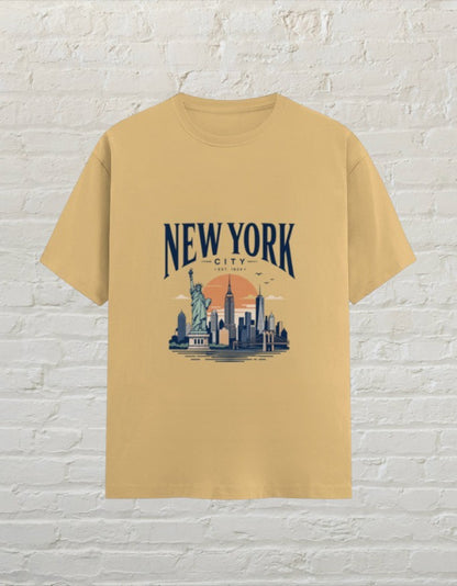 CoreTeez unisex crew neck t-shirt in beige cotton featuring a graphic print of the New York City skyline.