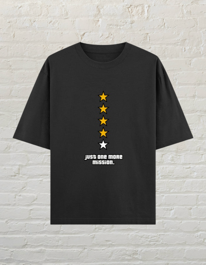 CoreTeez black oversized cotton gaming t-shirt with a five-star rating graphic and Just One More Mission text