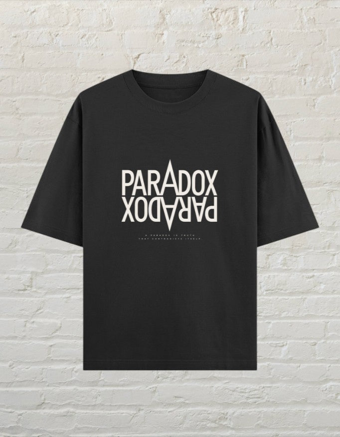 CoreTeez black unisex oversized cotton t-shirt featuring a mirrored Paradox graphic print.