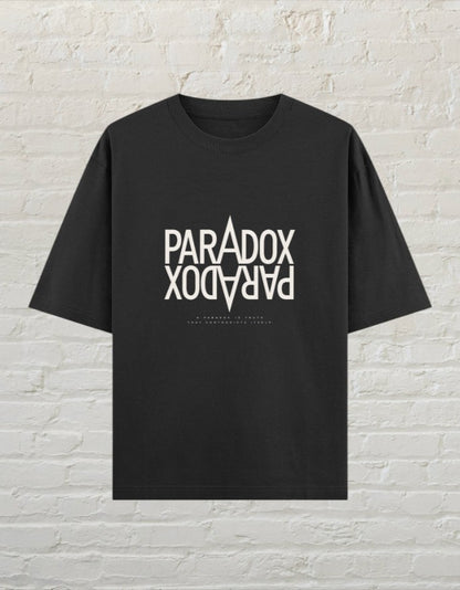 CoreTeez black unisex oversized cotton t-shirt featuring a mirrored Paradox graphic print.
