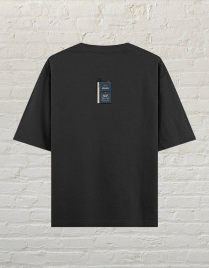CoreTeez black oversized cotton t-shirt with a small retro cassette player graphic on the back