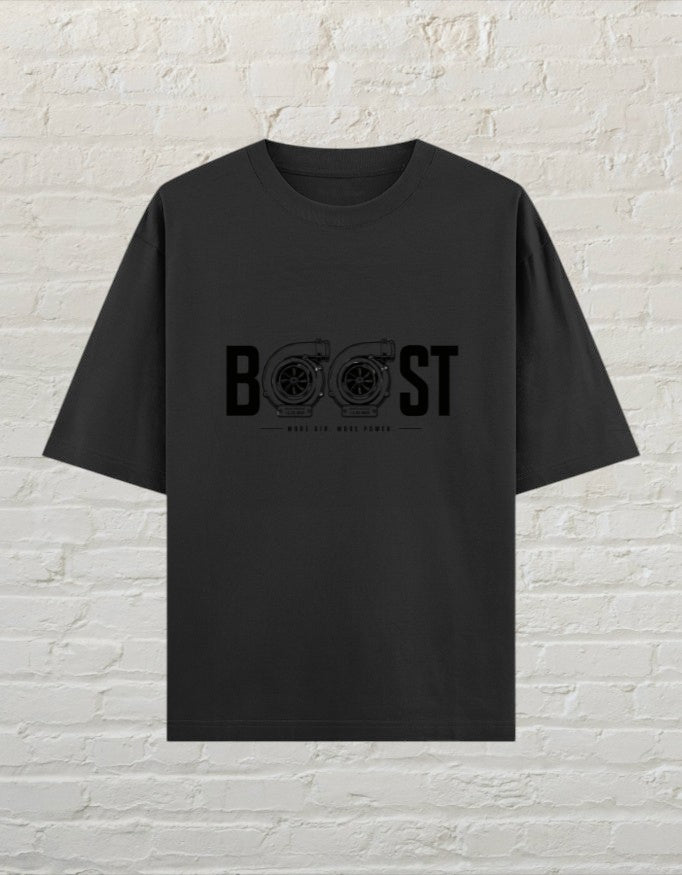 CoreTeez black oversized cotton unisex t-shirt featuring a twin-turbo graphic print with the word BOOST.