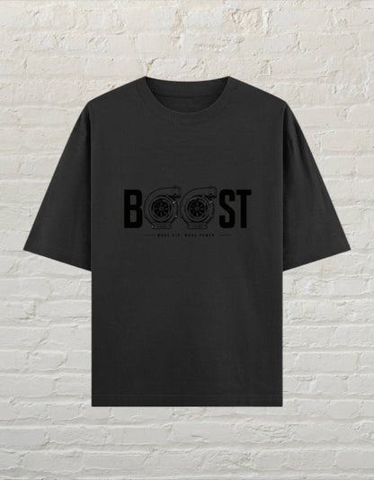 CoreTeez black oversized cotton unisex t-shirt featuring a twin-turbo graphic print with the word BOOST.