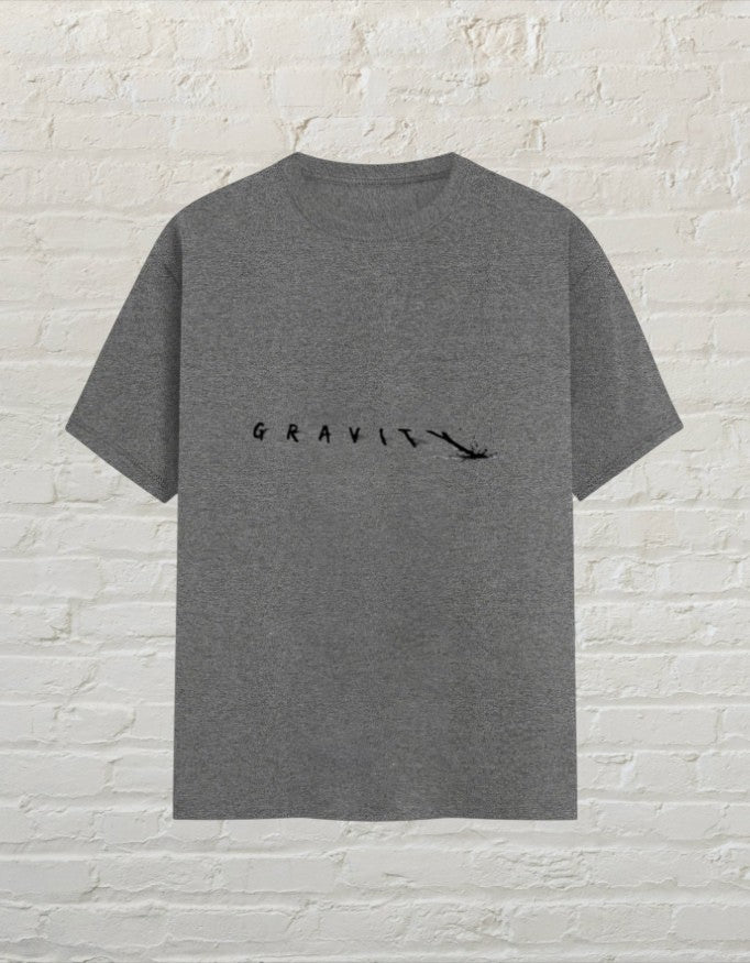 CoreTeez unisex charcoal melange cotton t-shirt featuring a minimalist Gravity graphic print on the chest