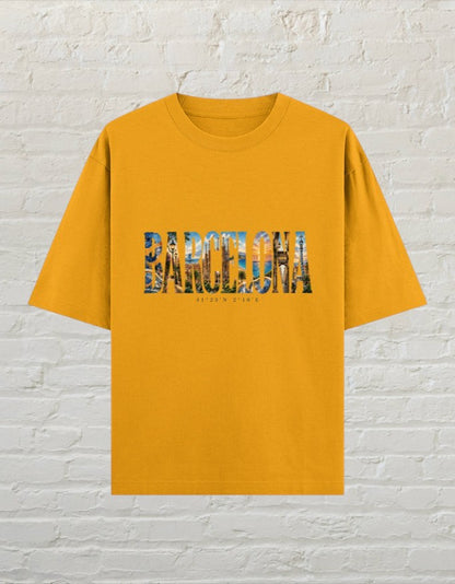 CoreTeez unisex oversized golden yellow cotton t-shirt featuring a Barcelona city graphic.