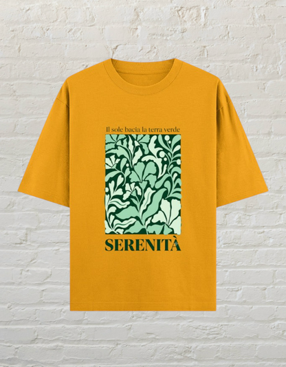 CoreTeez golden yellow oversized cotton graphic tee featuring a botanical print and Italian text.