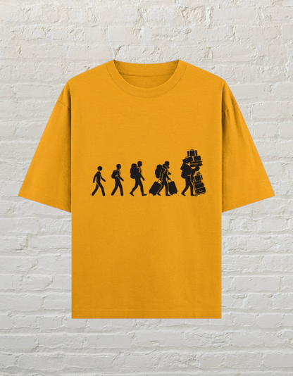CoreTeez golden yellow oversized cotton graphic t-shirt featuring a traveller evolution print
